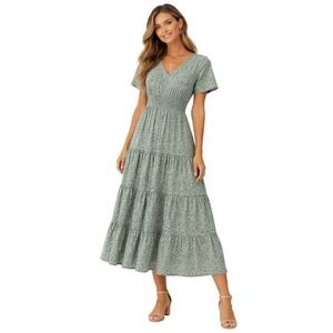 Zattcas L Smocked Tiered Maxi Dress Green Floral Boho Short Sleeve Modest Casual